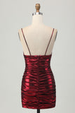 Burgundy Spaghetti Straps Metallic Ruched Short Homecoming Dress