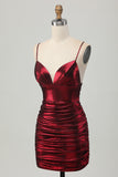 Metallic Burgundy Spaghetti Straps Satin Ruched Short Homecoming Dress