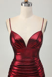 Metallic Burgundy Spaghetti Straps Satin Ruched Short Homecoming Dress