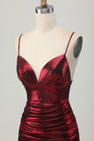 Metallic Burgundy Spaghetti Straps Satin Ruched Short Homecoming Dress
