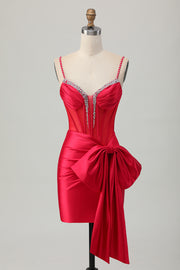 Red Bodycon Beaded Corset Satin Short Homecoming Dress with Bow