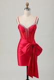 Red Bodycon Beaded Corset Satin Short Homecoming Dress with Bow