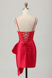 Red Bodycon Beaded Corset Satin Short Homecoming Dress with Bow
