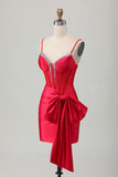 Red Bodycon Beaded Corset Satin Short Homecoming Dress with Bow