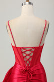 Red Bodycon Beaded Corset Satin Short Homecoming Dress with Bow