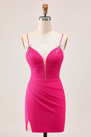 Fuchsia Bodycon Spaghetti Straps Ruched Homecoming Dress with Slit