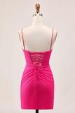 Fuchsia Bodycon Spaghetti Straps Ruched Homecoming Dress with Slit