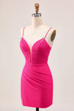 Fuchsia Bodycon Spaghetti Straps Ruched Homecoming Dress with Slit
