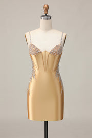 Golden Bodycon Corset Beaded Homecoming Dress with Lace Up Back