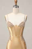 Golden Bodycon Corset Beaded Homecoming Dress with Lace Up Back