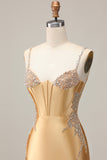 Golden Bodycon Corset Beaded Homecoming Dress with Lace Up Back