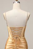 Golden Bodycon Corset Beaded Homecoming Dress with Lace Up Back