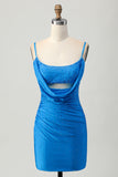 Sparkly Blue Spaghetti Straps Bodycon Ruched Mini Homecoming Dress with Beading