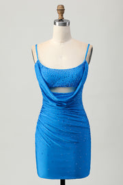 Tight Cut Out Short Blue Homecoming Dress with Beading