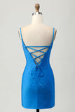 Sparkly Blue Spaghetti Straps Bodycon Ruched Mini Homecoming Dress with Beading