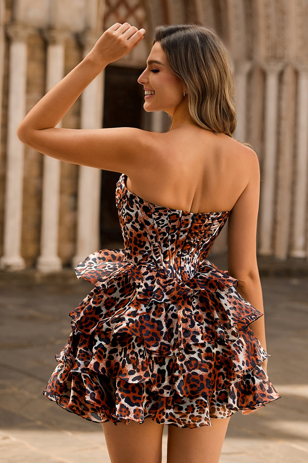 WEDTREND Women Khaki Leopard Homecoming Dress Tiered Sweetheart Strapless Printed Corset Ruffled A Line Short Prom Dress WEDTREND Women Khaki Leopard Homecoming Dress Tiered Sweetheart Strapless Printed Corset Ruffled A Line Short Prom Dress