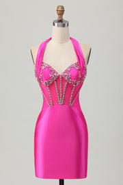 Fuchsia Satin Bodycon Halter Beaded Short Homecoming Dress