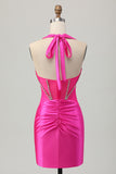 Fuchsia Bodycon Halter Satin Short Homecoming Dress with Beading