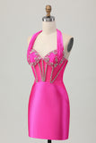 Fuchsia Bodycon Halter Satin Short Homecoming Dress with Beading