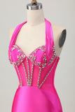 Fuchsia Bodycon Halter Satin Short Homecoming Dress with Beading