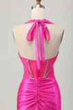 Fuchsia Bodycon Halter Satin Short Homecoming Dress with Beading
