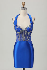 Royal Blue Bodycon Halter Backless Beaded Satin Short Homecoming Dress