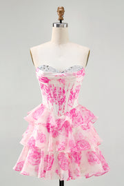 Fuchsia A-Line Strapless Floral Short Homecoming Dress with Beading