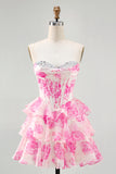 Fuchsia A-Line Strapless Floral Short Homecoming Dress with Beading