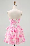 Fuchsia A-Line Strapless Floral Short Homecoming Dress with Beading