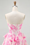 Fuchsia A-Line Strapless Floral Short Homecoming Dress with Beading