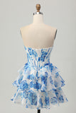 A-Line Strapless White Blue Flower Corset Short Homecoming Dress with Ruffles