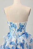 A-Line Strapless White Blue Flower Corset Short Homecoming Dress with Ruffles