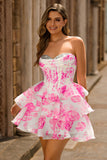 Fuchsia Strapless Floral A Line Short Homecoming Dress with Ruffles