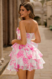 Fuchsia A-Line Strapless Floral Short Homecoming Dress with Beading