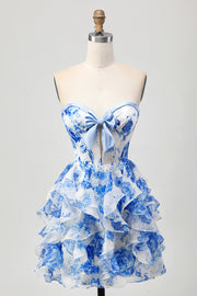 White Blue Flower A Line Tiered Cut Out Strapless Homecoming Dress with Bow