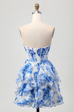 White Blue Flower A Line Tiered Cut Out Strapless Homecoming Dress with Bow