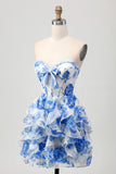 White Blue Flower A Line Tiered Cut Out Strapless Homecoming Dress with Bow