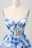 White Blue Flower A Line Tiered Cut Out Strapless Homecoming Dress with Bow