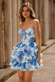 White Blue Flower Cut Out A Line Tiered Strapless Homecoming Dress with Bow