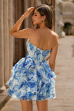 White Blue Flower Cut Out A Line Tiered Strapless Homecoming Dress with Bow