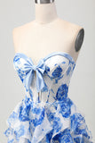 White Blue Flower A Line Tiered Cut Out Strapless Homecoming Dress with Bow