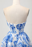 White Blue Flower A Line Tiered Cut Out Strapless Homecoming Dress with Bow
