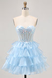 Sparkly Blue A-line Sweetheart Corset Sequins Short Homecoming Dress