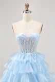 Sparkly Blue A-line Sweetheart Corset Sequins Short Homecoming Dress