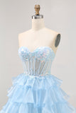 Sparkly Blue A-line Sweetheart Corset Sequins Short Homecoming Dress