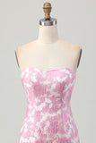 Strapless Printed Pink Tight Removable Sleeves Homecoming Dress with Lace Up Back