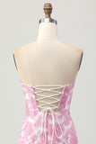Strapless Printed Pink Tight Removable Sleeves Homecoming Dress with Lace Up Back