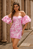 Strapless Printed Pink Removable Sleeves Tight Homecoming Dress