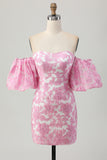 Strapless Printed Pink Removable Sleeves Tight Homecoming Dress