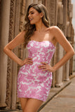 Strapless Printed Pink Removable Sleeves Tight Homecoming Dress